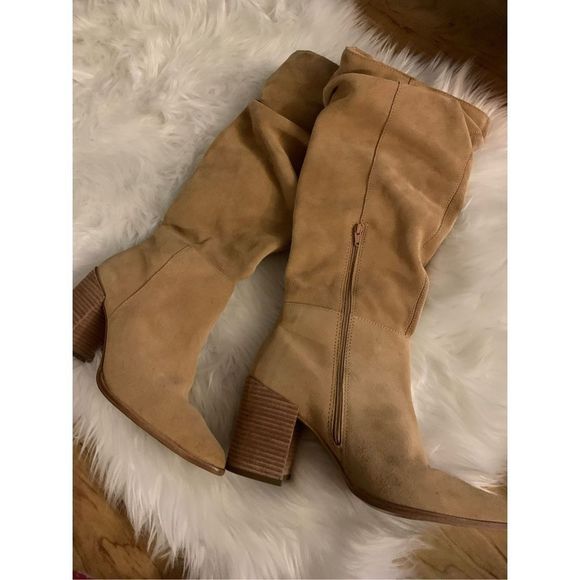 Steve Madden Tan Suede Leather Chunky Heel Full Length Tall Boots Size 8.5 - Picture 1 of 6